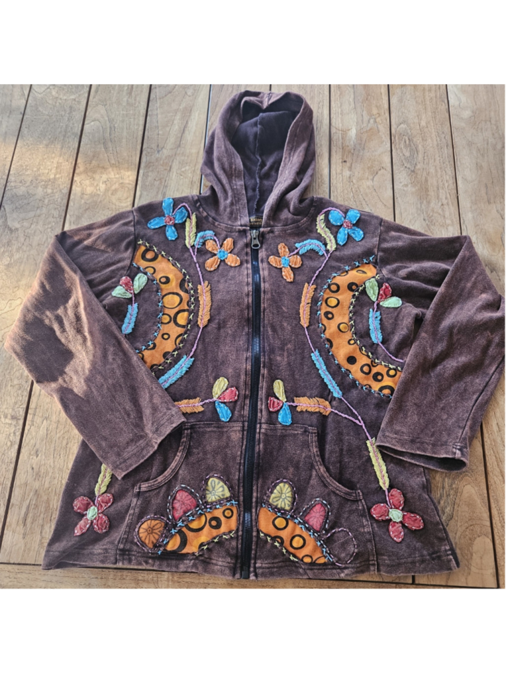 VTG Rising International Boho Embroidered Patchwork Zip Hoodie Brown Size XL